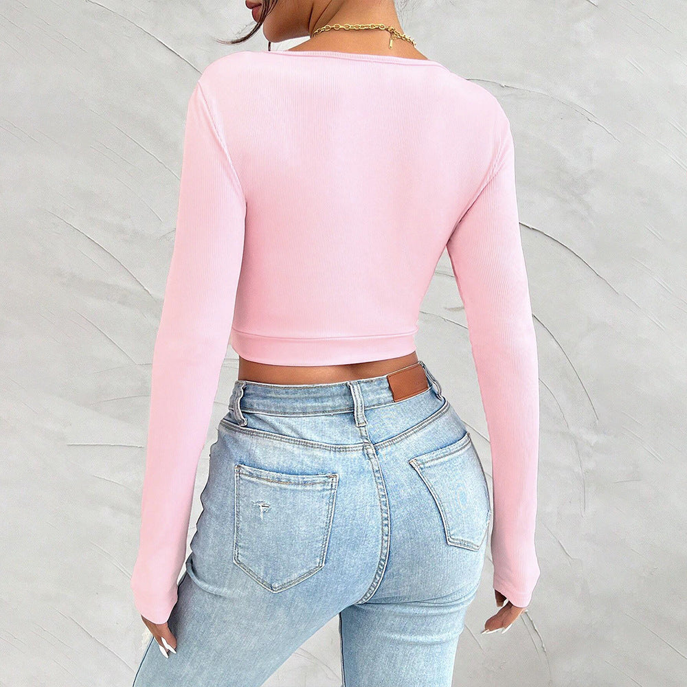 T Shirt U Collar Slim Fit Figure Flattering Long Sleeve Top
