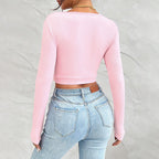 T Shirt U Collar Slim Fit Figure Flattering Long Sleeve Top