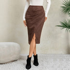 Autumn Winter Women Heap Pleated Suede Skirt Split HW