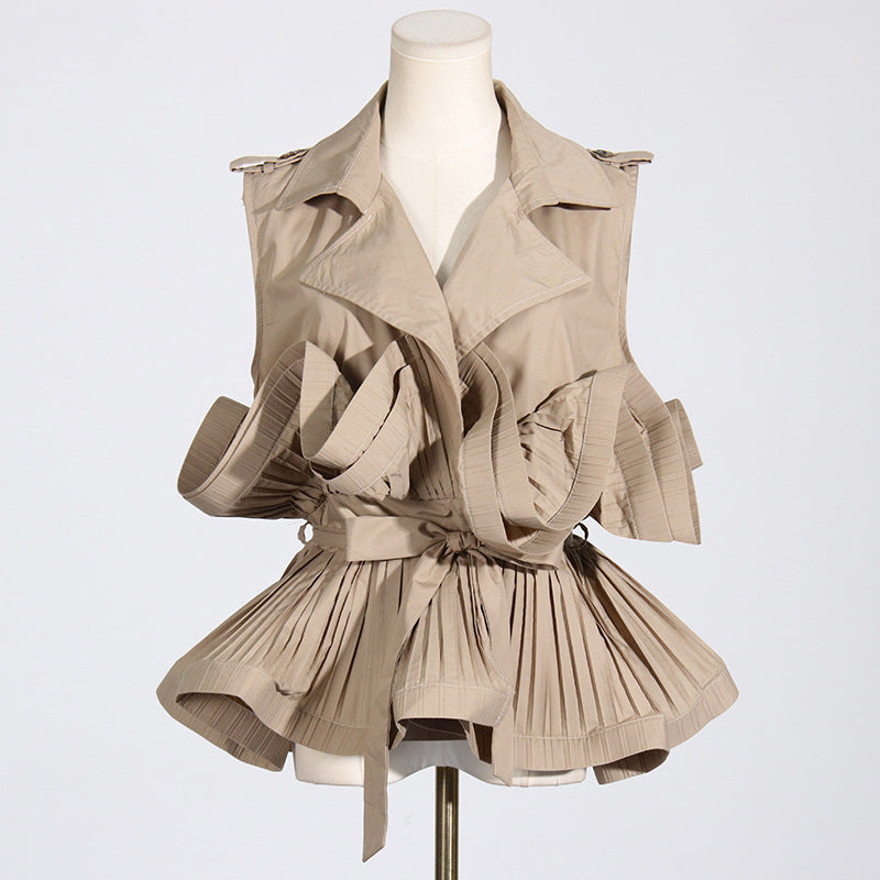 Women's Spring Summer Elegant Khaki V Neck Pleated Stitching Design Sleeveless Lace Up Women Shirt