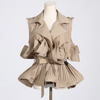 Women's Spring Summer Elegant Khaki V Neck Pleated Stitching Design Sleeveless Lace Up Women Shirt