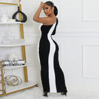 Contrast Color Metal Decoration Single Side Sleeve Trend Dress