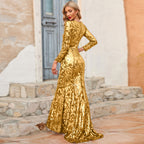 Spring Autumn Sequin Dress Purple Crew-Neck Long Evening Long Sleeve