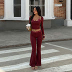 Women's Burgundy Lace Halter Long Sleeve Short Top High Waist Bootcut Pants Set