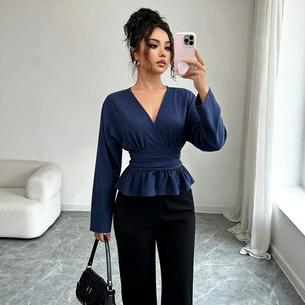 Women's V-Neck Ruched Long Sleeve Top