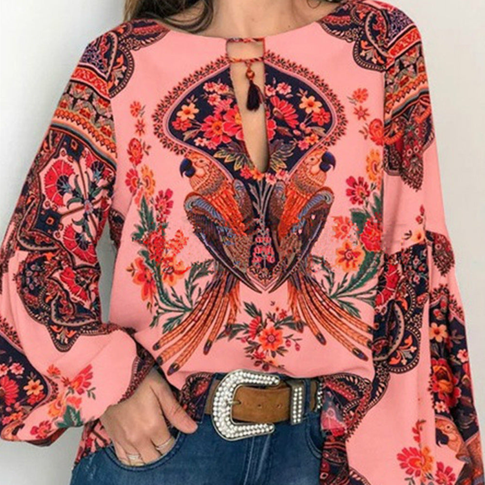 Women's Spring Summer Women Clothing Special Women Clothing Digital Printed Round Neck Lantern Sleeve Shirt