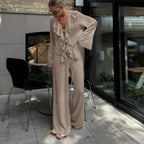 Ruffled V neck Lace up Long Sleeve
