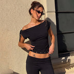 Women Summer Solid Color One Shoulder Cold Shoulder Eyelet Solid Color All Matching Casual T shirt Top