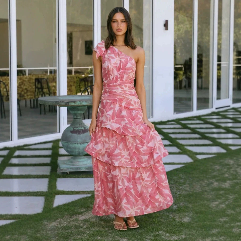 Tiered Multi Layer Printed Off Shoulder Maxi Dress