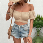 Women’s Khaki Puff Sleeve Lace Up Crop Top