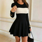 Color Contrast Patchwork round Neck Long Sleeved Dress Waist A line Dress
