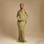 Square-Neck 3D Detail Long-Sleeve Bodycon Maxi Dress