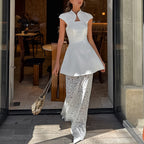 Women's White Lace Asymmetric Top and Skirt Two-Piece Set