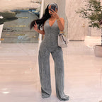 Women Clothing Autumn Solid Color Faux Washed Printed Hairband Backless Underwaist Flared Jumpsuit