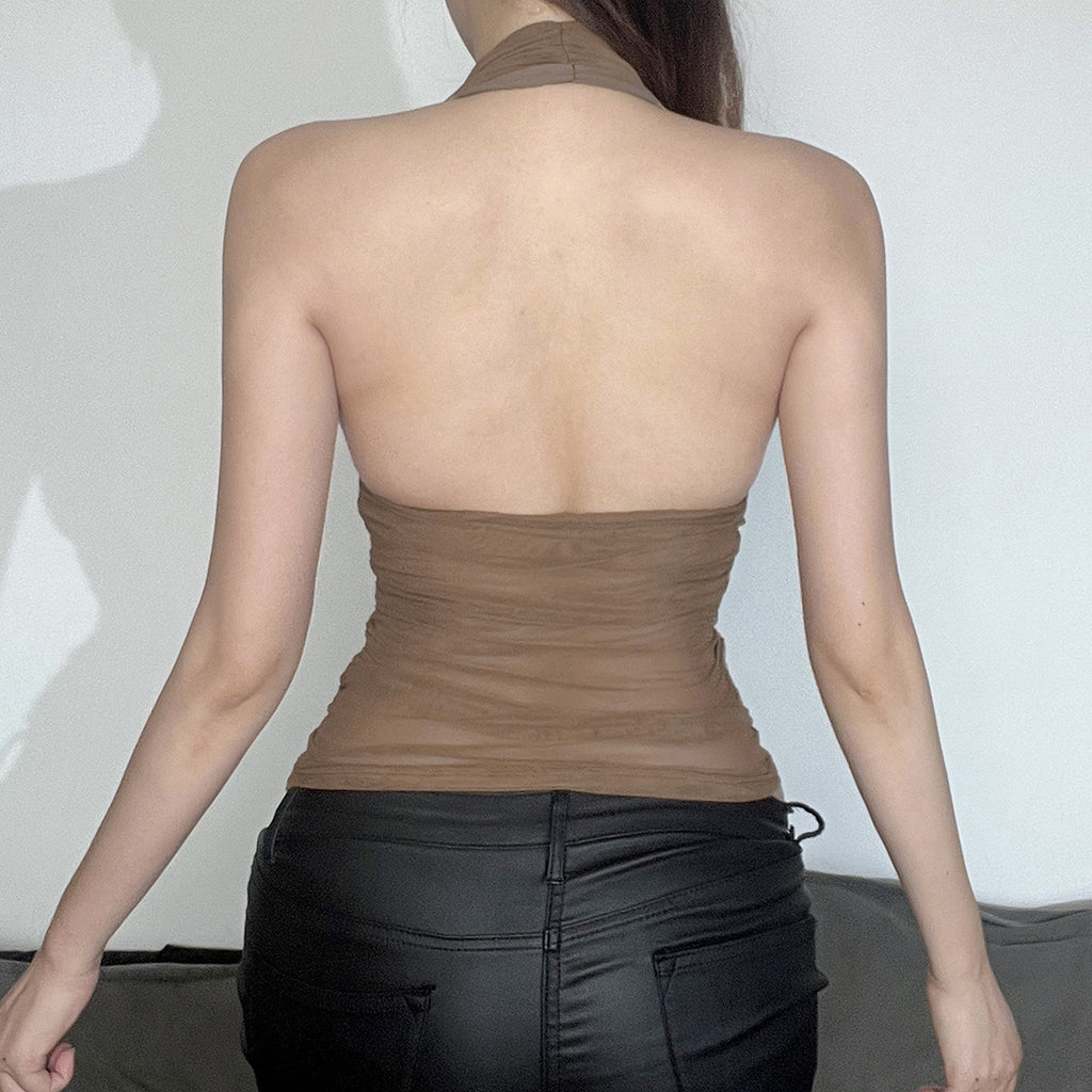 's V Neck Halter Spaghetti Straps Vest Mesh Pleats Top