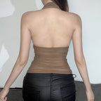 's V Neck Halter Spaghetti Straps Vest Mesh Pleats Top