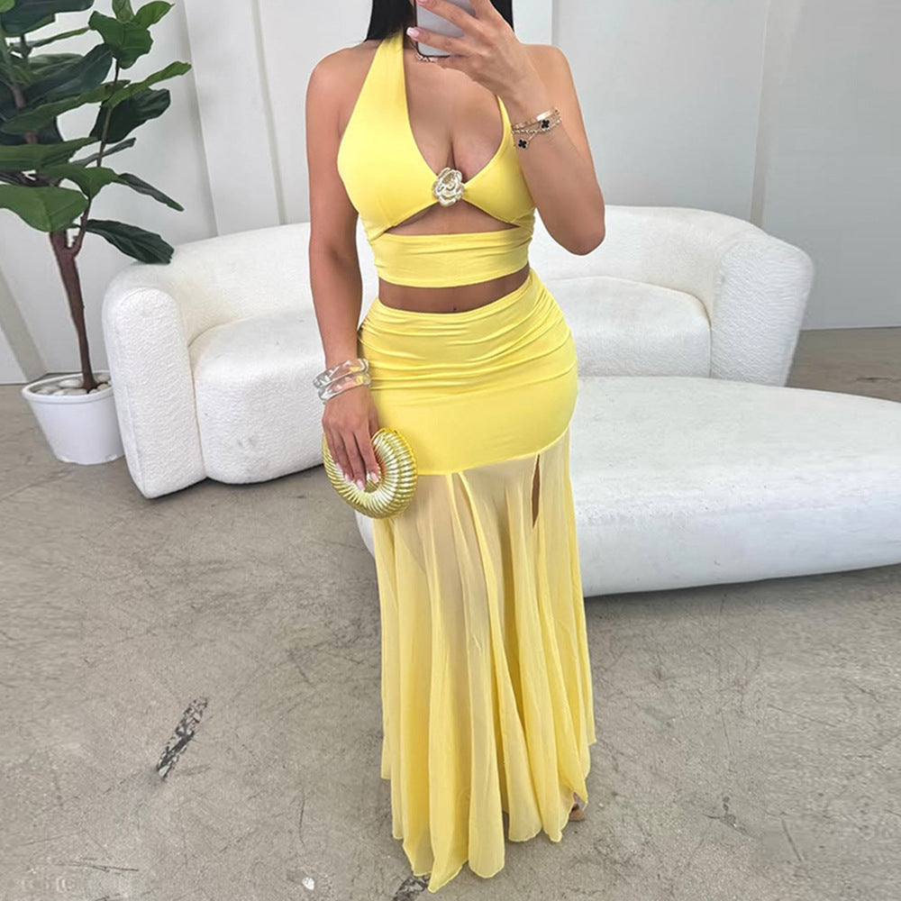 Women's Hollow Out Cutout Top And Skirt Two-Piece Set