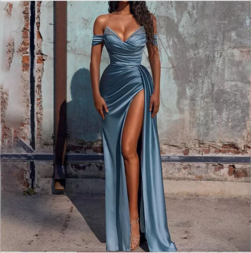 Trailing Rhinestone Strapless High Split Cocktail Evening Dress