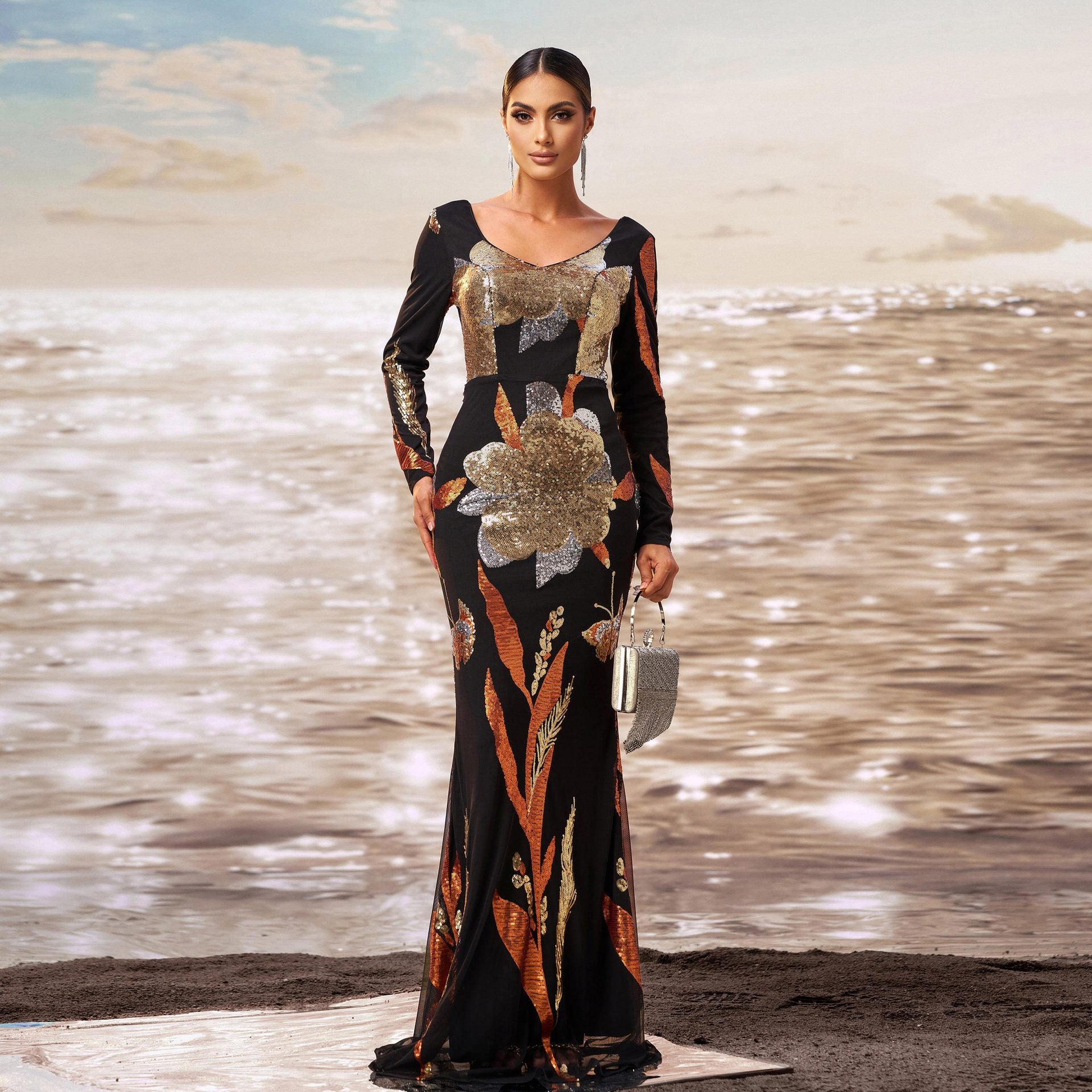 Women's V-Neck Sequin Long-Sleeve Fishtail Evening Dress