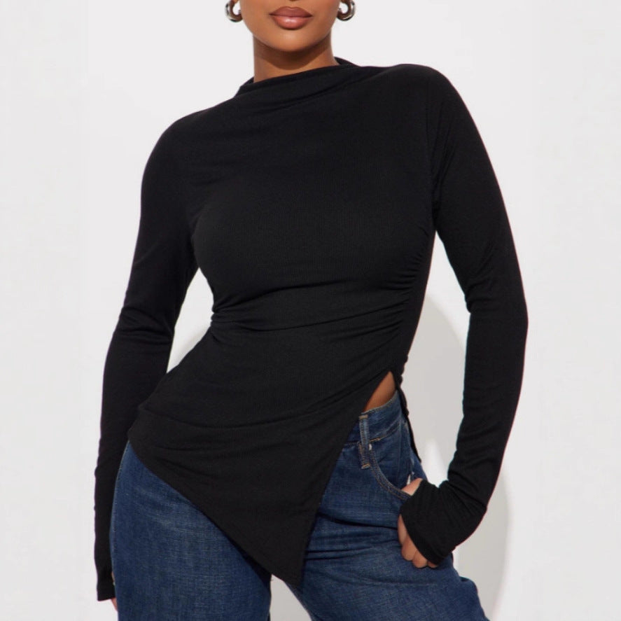 Women's Asymmetric Split Long Sleeve Turtleneck Top