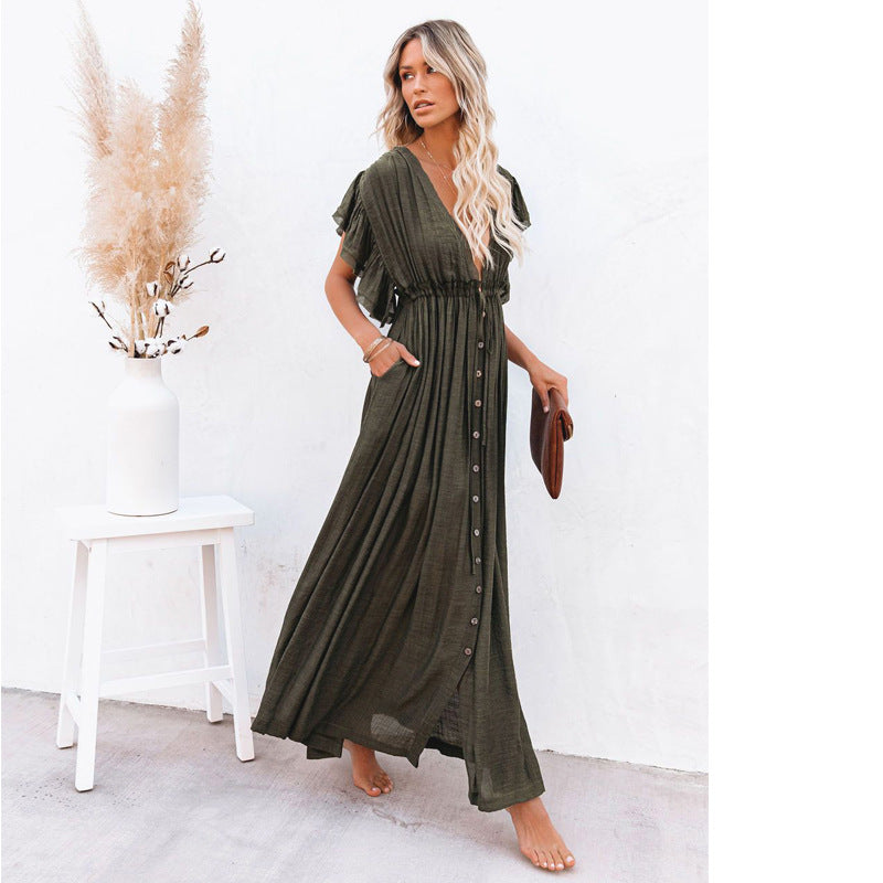 Women's Button Drawstring Beach Cover-Up Shirt