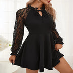 Women's Stand-Collar Lace Tie Long-Sleeve A-Line Mini Dress