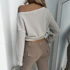 Women's Women Elegant Diagonal Collar Striped Top Women Texture Waist Slimming Short Sleeved T Shirt