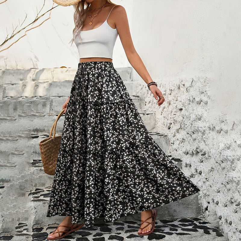 Floral Belt Three Layer Long Patchwork A Line Skirt