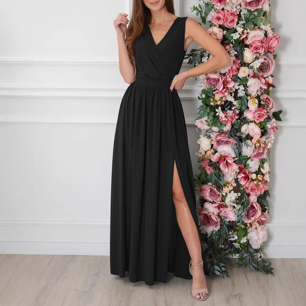 Women's V-Neck Ruched Split Maxi Dress