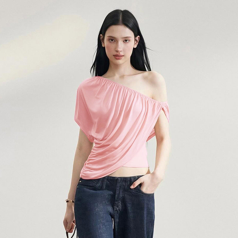 Sexy Casual Solid Color Sexy Slim Oblique Shoulder Tops