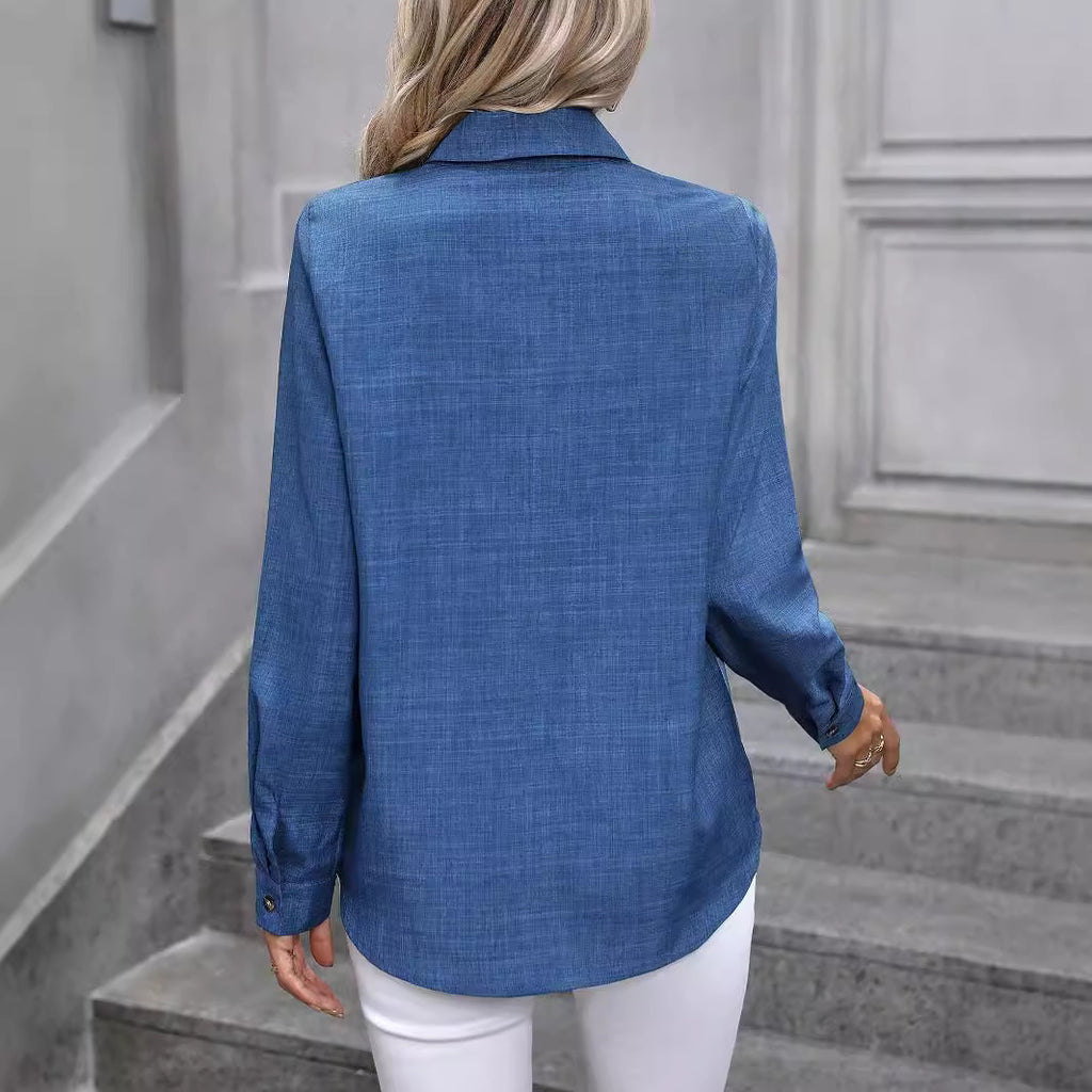 Women's Spring Summer Casual Single Breasted Solid Color Color Matching Long Sleeve Collared Shirt Women Top