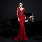 Women's Full Lace Diamond Bridal Long Sleeve Dinner Fishtail Evening Dress