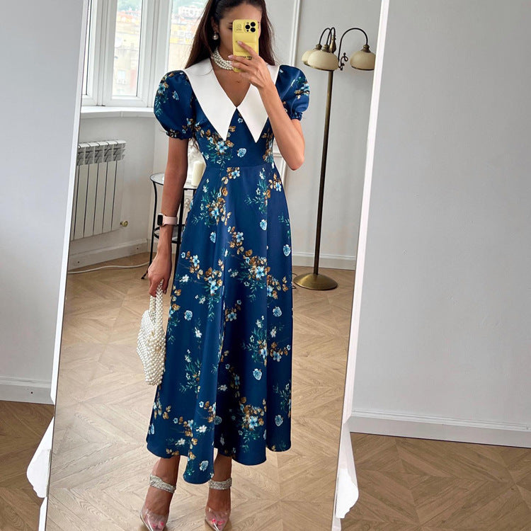 Peter Pan Collar Short Sleeve Dress Blue
