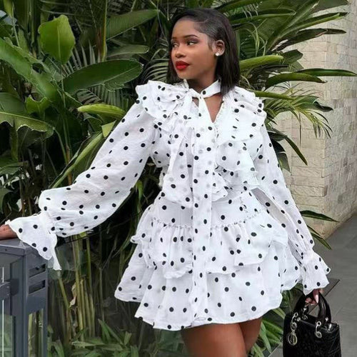 Women Retro Dots Heavy Industry Rhinestone Long Sleeve Shirt African Western All Matching Short Skirt Sets