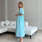 Lightly Mature V neck Puff Sleeve Blue