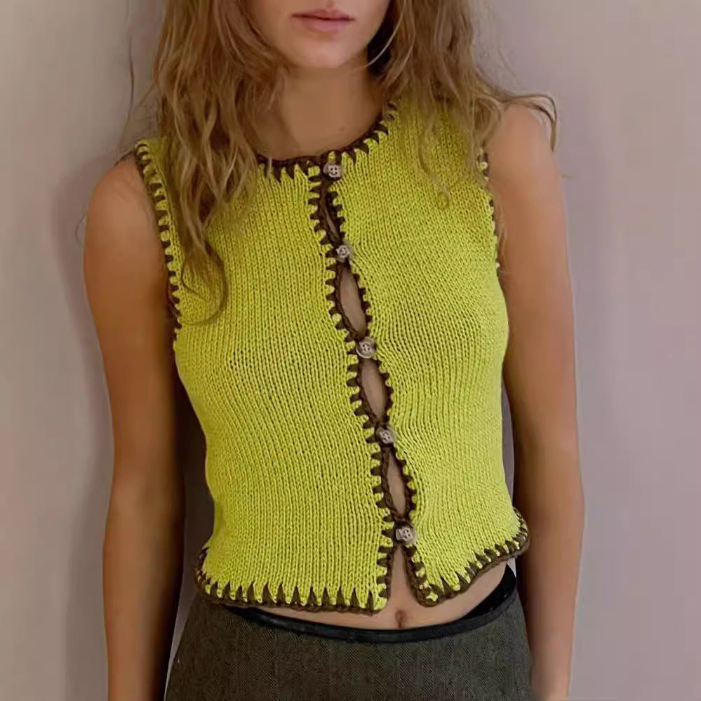 Women's Contrast Color Ultra Short Woolen Vest Embroidered Vest Top Women