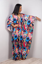 Multicolor beach dress one-piece swimwear with geometric pattern and wide kimono sleeves