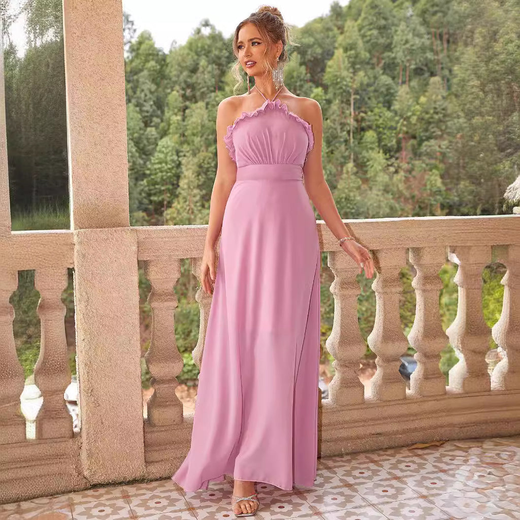 Women's Pink Deep V-Neck Backless Evening Maxi Dress