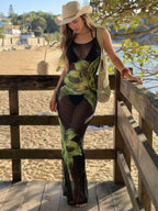 Women's printed three-piece dress in black with green floral maxi, spaghetti straps
