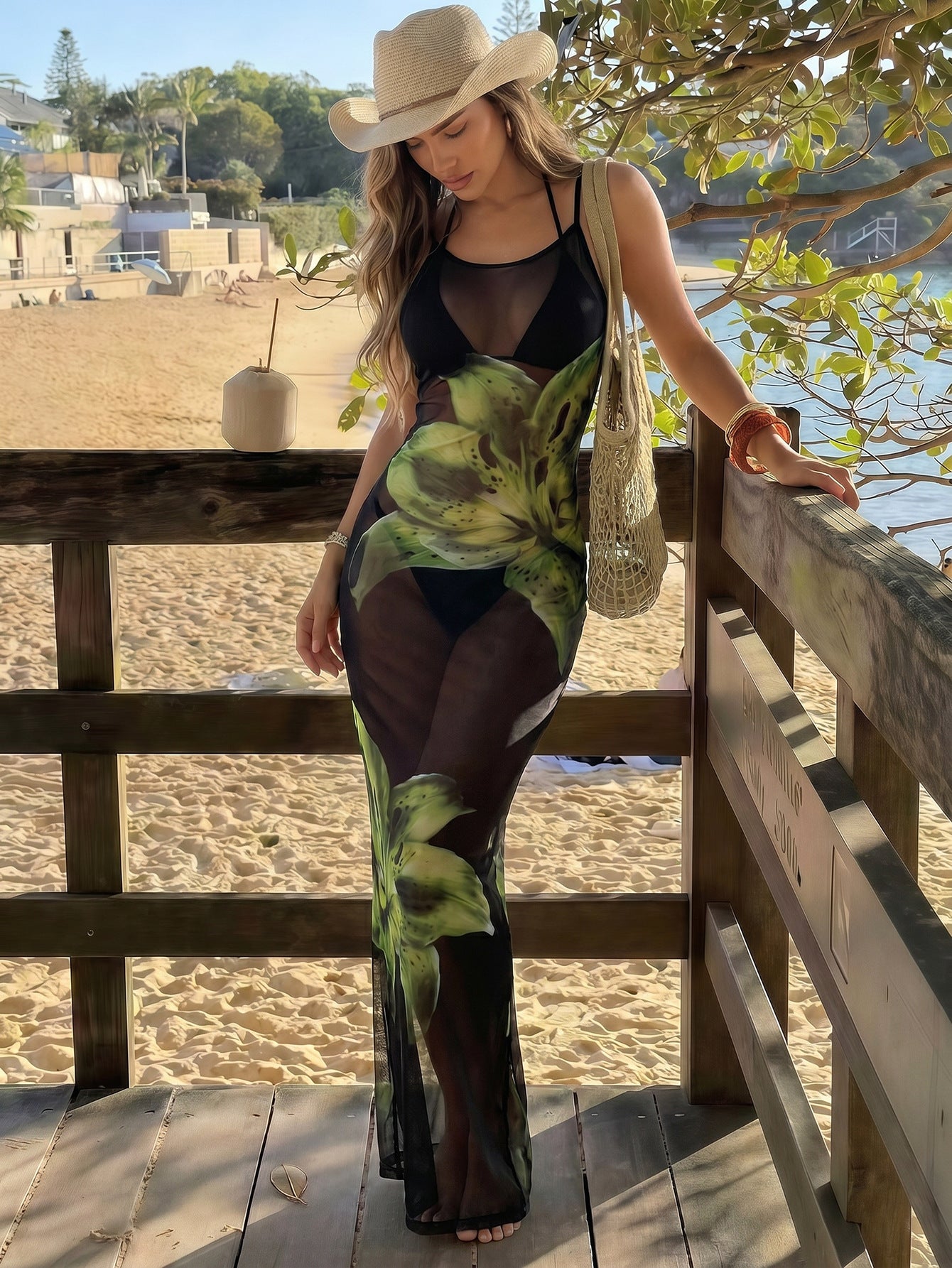 Women's printed three-piece dress in black with green floral maxi, spaghetti straps