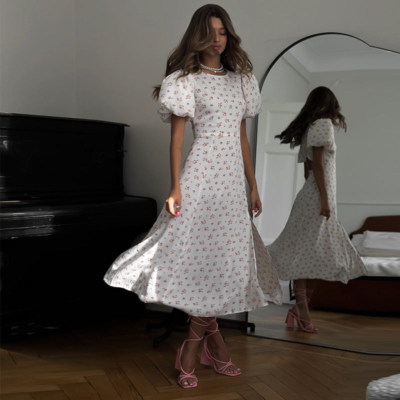 Women's Floral Puff-Sleeve Backless Split Dress