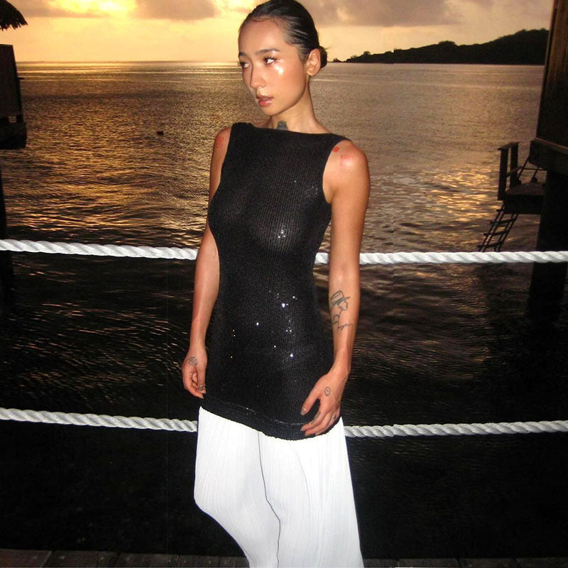 Color-Block Sequin Backless Sleeveless Bodycon Maxi Dress