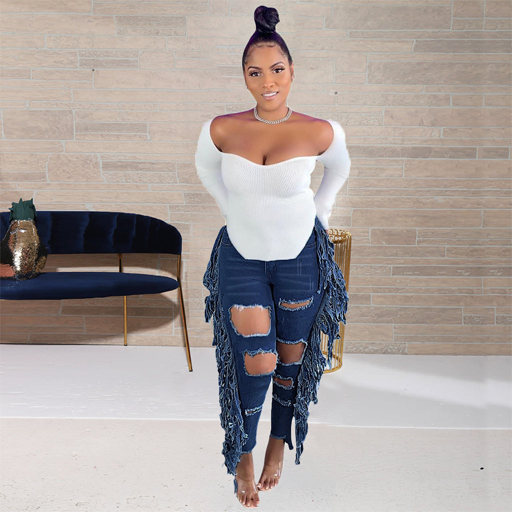 Pants Casual Large Ripped Tassel Denim Skirt