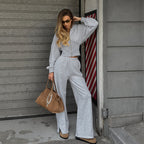 Retro Floral Gray Corseted Long-Sleeve Thread Knitted Patchwork Hoodie Split Straight Pants Lingerie Set