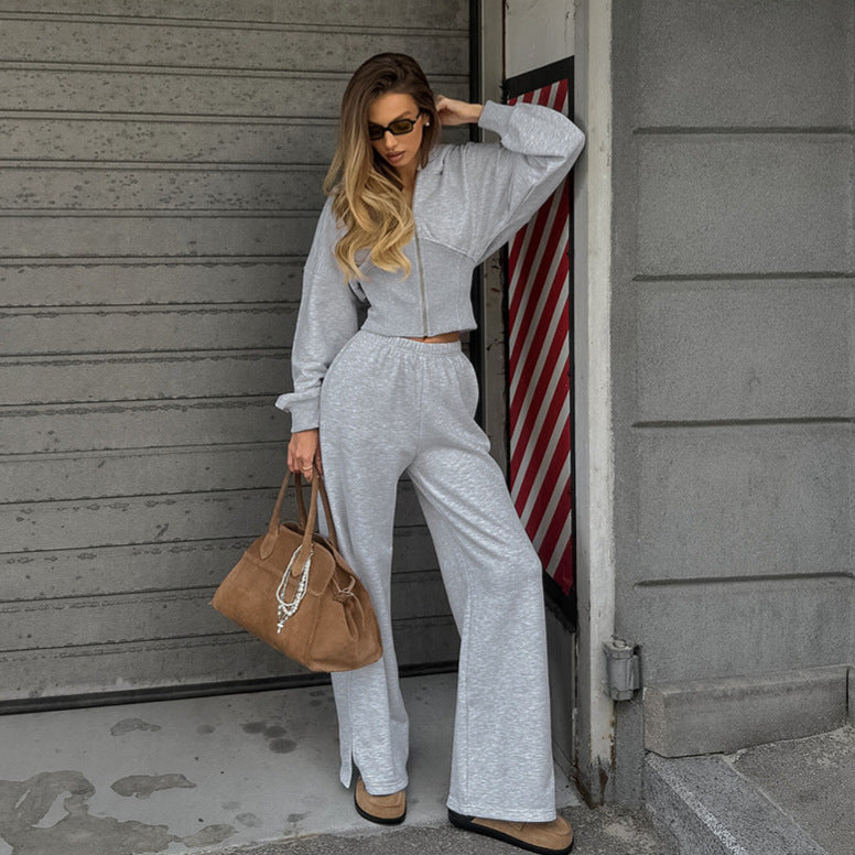 Retro Floral Gray Corseted Long-Sleeve Thread Knitted Patchwork Hoodie Split Straight Pants Lingerie Set