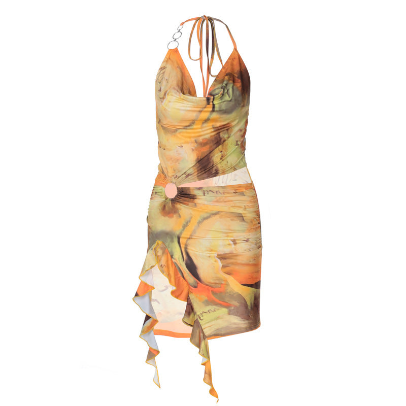Women's Women Clothing Summer Printing Sexy Backless Lace Up Dress