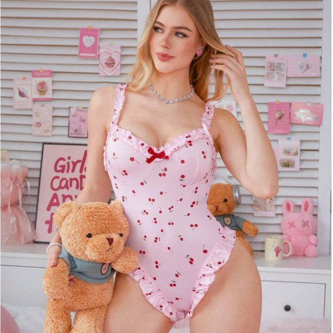 Sexy Pure Small Cherry Ruffled Jumpsuit Suspender Lingerie