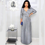 V-Neck Belted Ruched Three-Quarter-Sleeve A-Line Maxi Dress