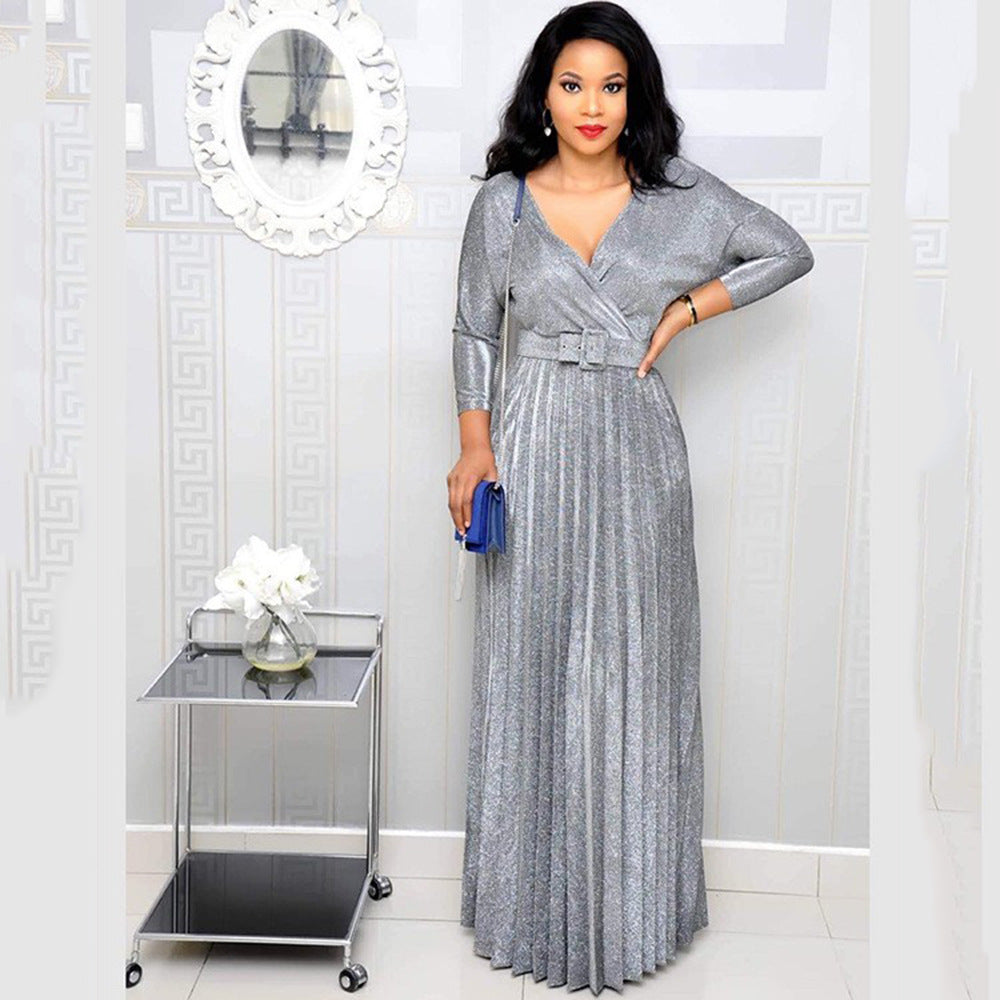 V-Neck Belted Ruched Three-Quarter-Sleeve A-Line Maxi Dress