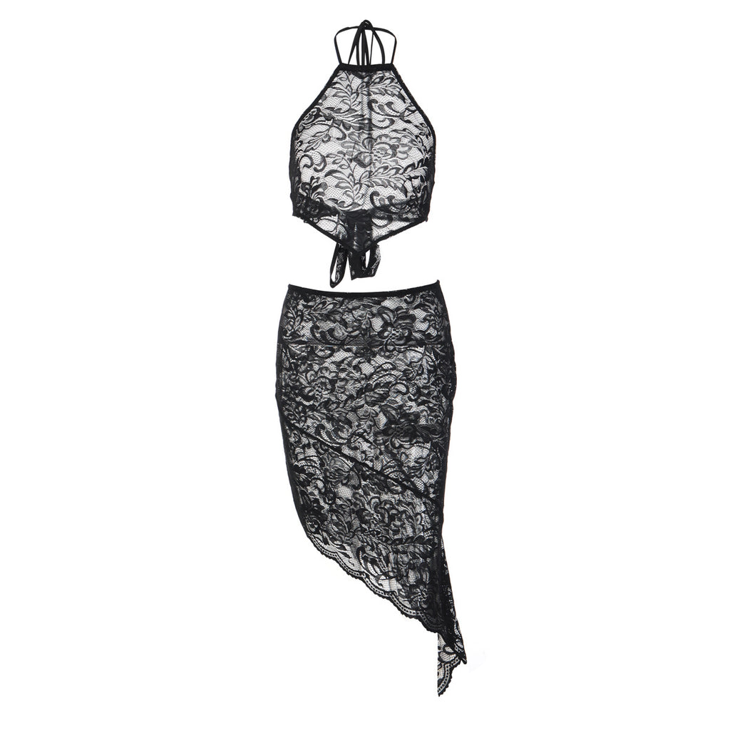 Sexy Lace Halter Backless Strap Vest Sheath See through Bevel Skirt Set
